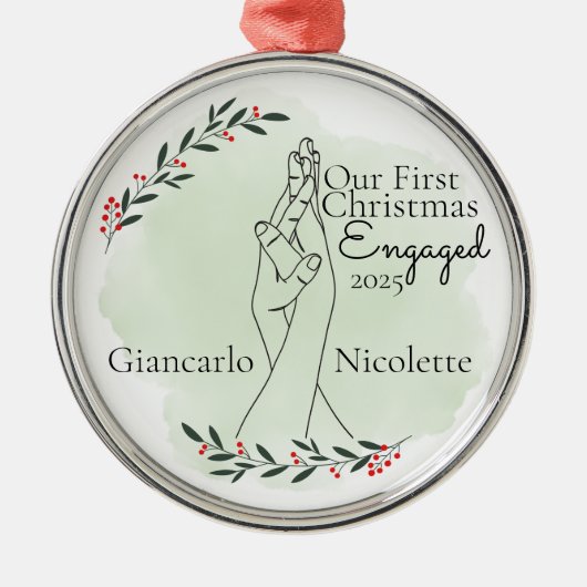In elkaar grijpende handen eerste kerst verloofd metalen ornament (Voorkant)