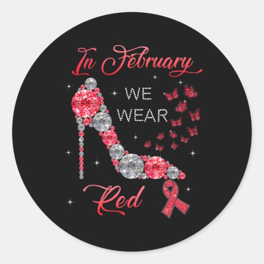 In februari Draag we Red Butterflies Heart Disease Ronde Sticker (Voorkant)