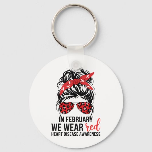 In februari Draag we Red Messy Bun - hartziekte Sleutelhanger (Voorkant)