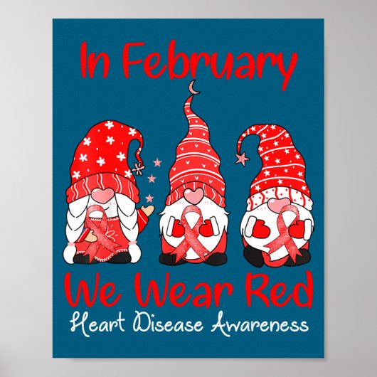 In February We Wear Red Three Gnomes Heart Disease Poster (Voorkant)