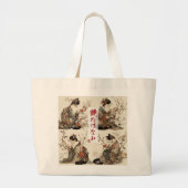 "In Full Bloom" Japanese Cat in Kimono Art Grote Tote Bag (Voorkant)