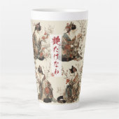 "In Full Bloom" Japanese Cat in Kimono Art Latte Mok (Voorkant)