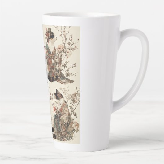"In Full Bloom" Japanese Cat in Kimono Art Latte Mok (Rechts)