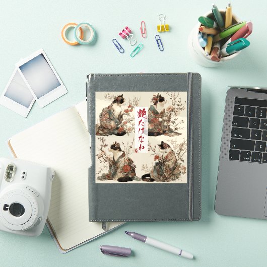 "In Full Bloom" Japanese Cat in Kimono Art Sticker (iPad Cover)