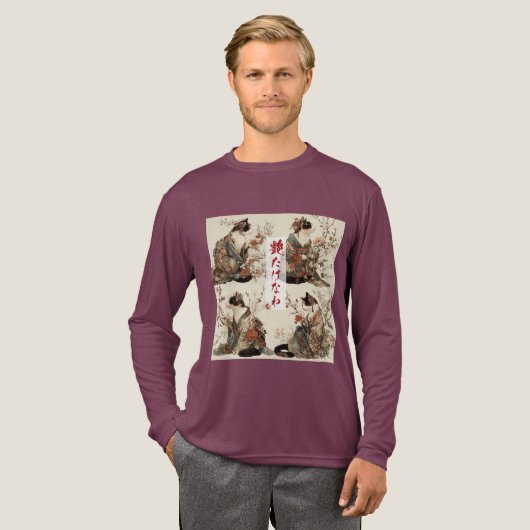 "In Full Bloom" Japanese Cat in Kimono Art Tri-Blend Shirt (Voorkant)