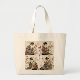 "In Full Bloom" Japanse kat in kimono kunst Grote Tote Bag