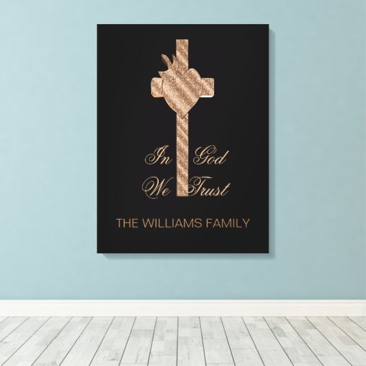 In God vertrouwen we op het Christelijke Kruisduif Canvas Afdruk (Insitu (Houten vloer))