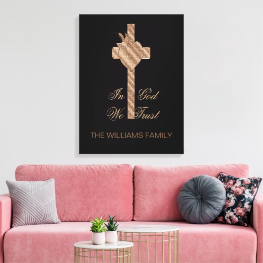 In God vertrouwen we op het Christelijke Kruisduif Canvas Afdruk (Insitu (Woonkamer))