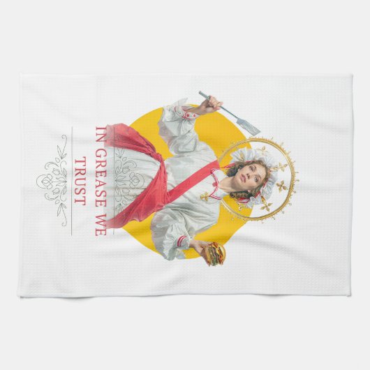 In Grease We Trust. Saint of the Kitchen  Theedoek (Horizontaal)