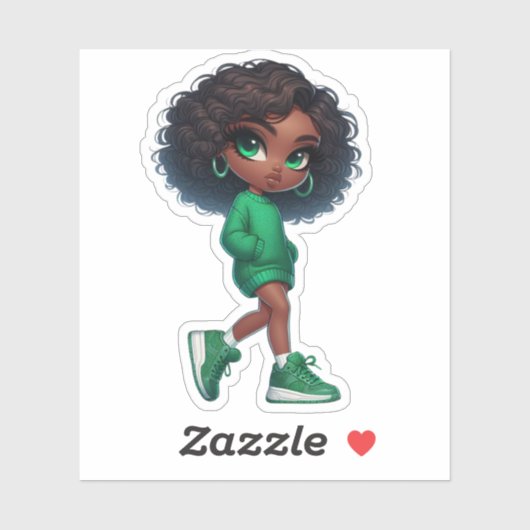  in groen schattig zwart chibi meisje sticker (Vel)