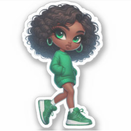  in groen schattig zwart chibi meisje sticker