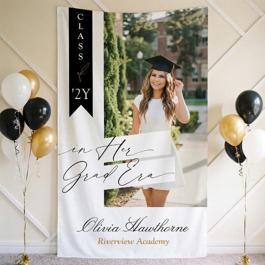In Her Grad Era Elegant Photo Graduation Party Spandoek