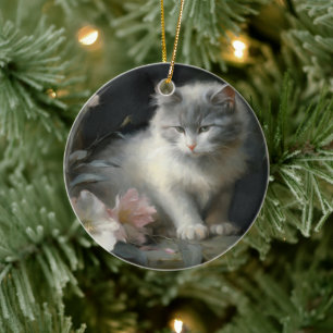 In het bedrijf Flowers Grey and White Kitten Keramisch Ornament