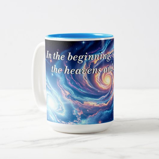 In het begin, God & Schepping Vers Tweekleurige Koffiemok (Voorkant links)