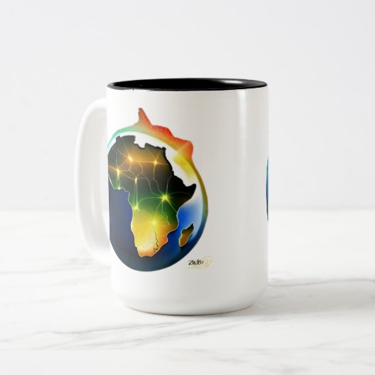 In het begin tweekleurige koffiemok (Voorkant links)