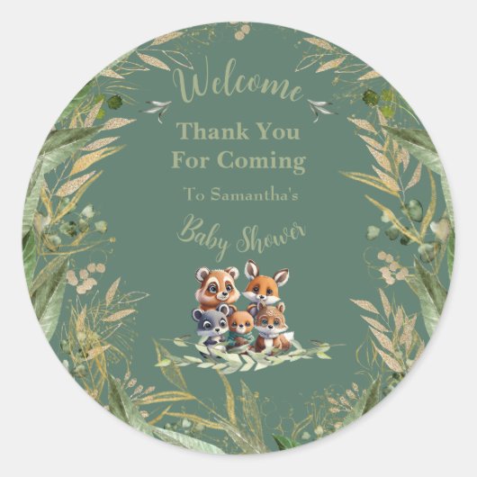 In het bos: babyshower bedankje ronde sticker (Voorkant)