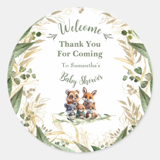 In het bos: babyshower bedankje ronde sticker (Voorkant)