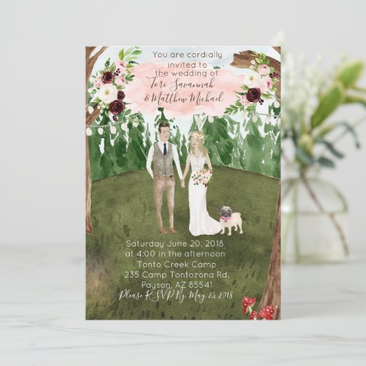 In het bos bruiloft uitnodiging - met huisdier mop (Staand voorkant)