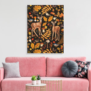 In het bos/Herfthert op zwart Canvas Afdruk