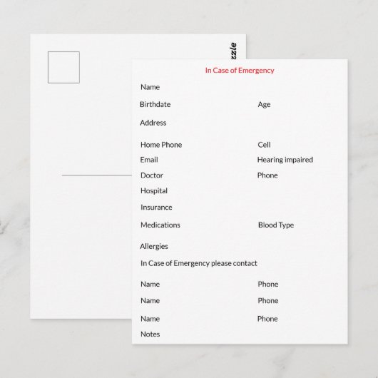 In het Hoesje van Noodcontact Briefkaart (Voorkant / Achterkant)