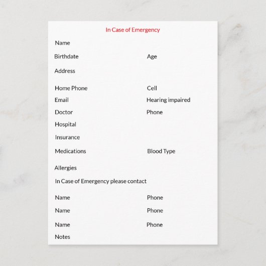 In het Hoesje van Noodcontact Briefkaart (Voorkant)