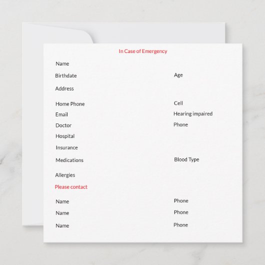 In het Hoesje van Noodcontact Kaart (Voorkant)