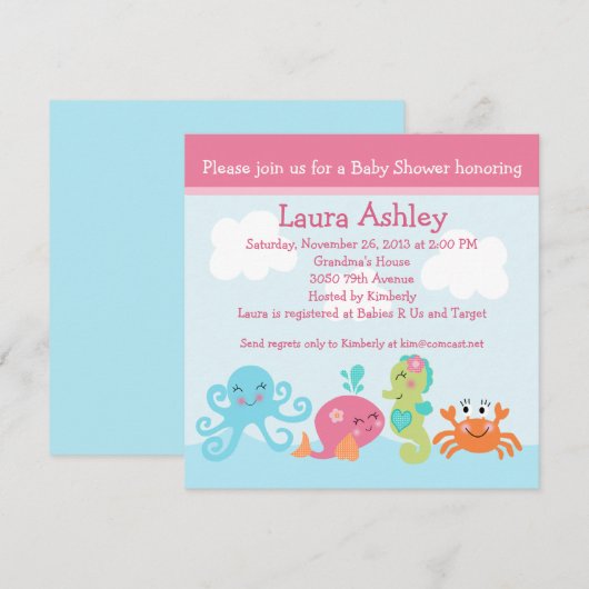 In het kader van het Zee life/Girl Baby shower Inv Kaart (Voorkant / Achterkant)