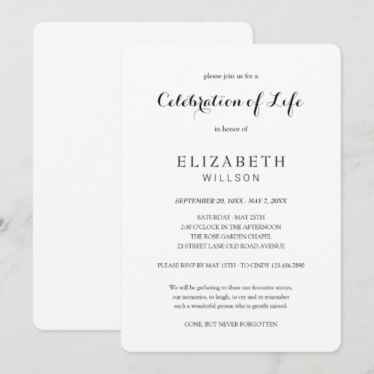 In het liefhebben van Memory Celebration of Life F Kaart (Voorkant / Achterkant)