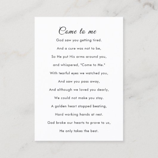 In het liefhebben van Memory Photo Funeral Prayer  Visitekaartje (Achterkant)