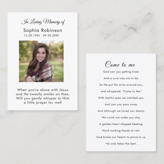 In het liefhebben van Memory Photo Funeral Prayer  Visitekaartje (Voorkant / Achterkant)