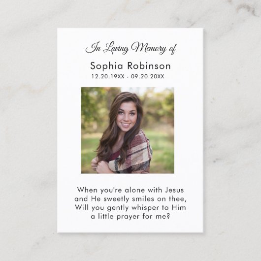 In het liefhebben van Memory Photo Funeral Prayer  Visitekaartje (Voorkant)