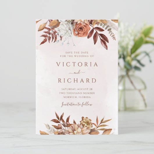 In het najaar van Floral bladeren botanische bijte Save The Date (Staand voorkant)