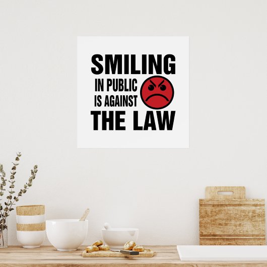In het openbaar glimlachen is tegen de wet poster (Keuken)