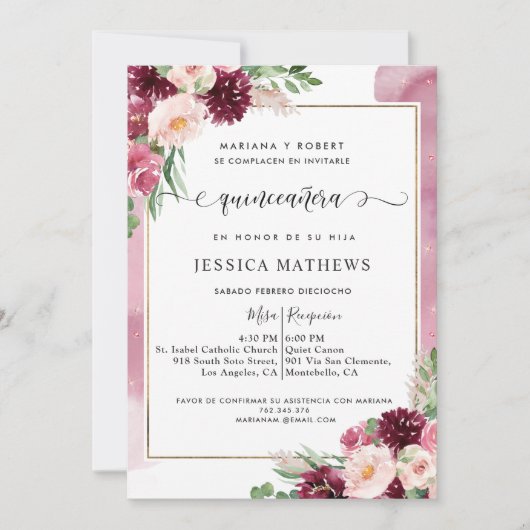 In het Spaans: Bourgogne en roze Floral Quinceañer Kaart (Voorkant)