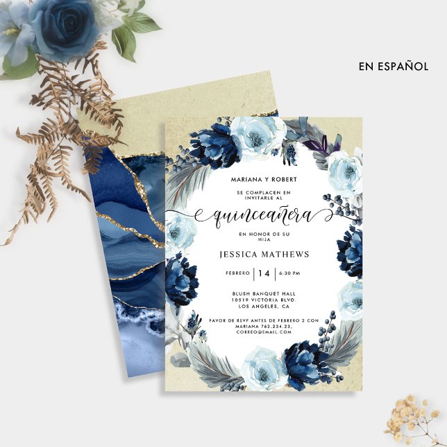 In het Spaans, Chic Blauw en Goud Bloemen Quinceañ (Creator heeft geüpload)
