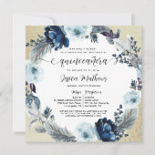 In het Spaans, Chic Blauw en Goud, Floral Quinceañ Kaart (Voorkant)