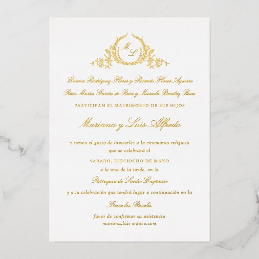 In het Spaans Elegant Echte Folie Formele bruiloft Folie Uitnodiging (Voorkant)