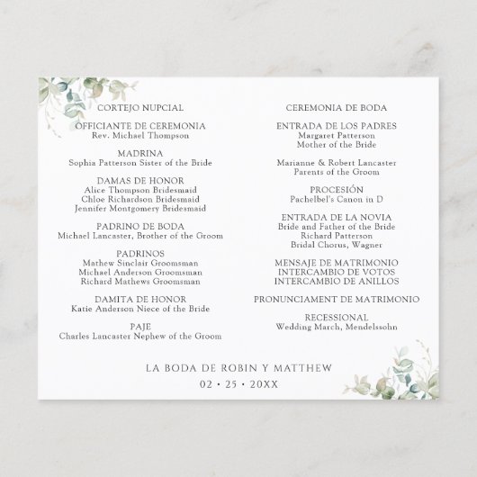 in het Spaans: Elegant Wedding Programme with Gree (Achterkant)