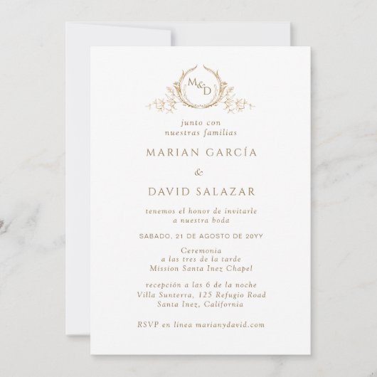 In het Spaans, elegante gouden monogram bruiloft Kaart (Voorkant)