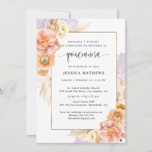 In het Spaans, elegante Paarse bloemenkruidachtige Kaart (Voorkant)