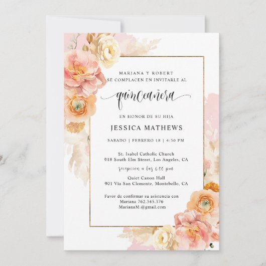 In het Spaans, unieke elegante roze bloem Quinceañ Kaart (Voorkant)