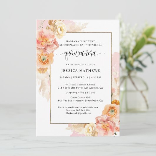 In het Spaans, unieke elegante roze bloem Quinceañ Kaart (Staand voorkant)