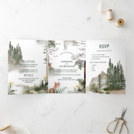 In het Wilde Rustic Mountain Landscape Red Fox Drieluik Uitnodiging