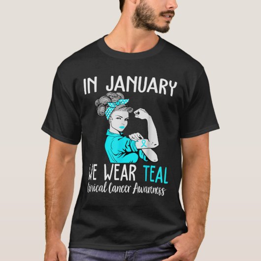 In januari Draag we Blauwgroen voor Cervicale Kank T-shirt (Voorkant)