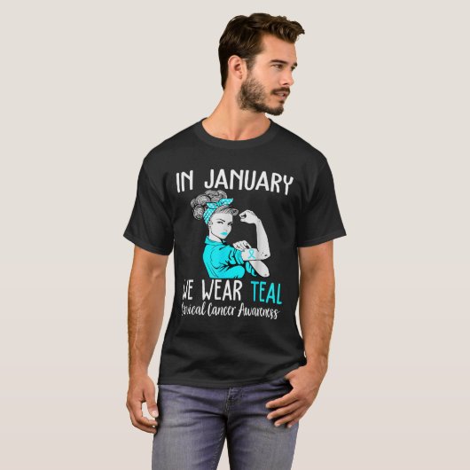 In januari Draag we Blauwgroen voor Cervicale Kank T-shirt (Voorkant volledig)