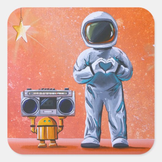 In je ogen - Astronaut & Boombox Robot Vierkante Sticker (Voorkant)