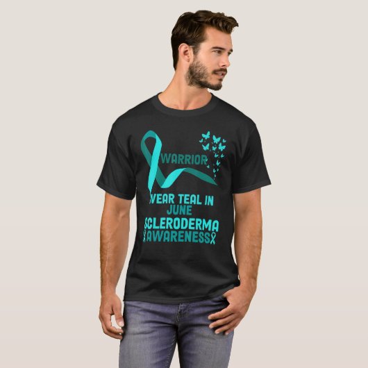 In juni Draag we Blauwgroen Cool Scleroderma Aware T-shirt (Voorkant volledig)