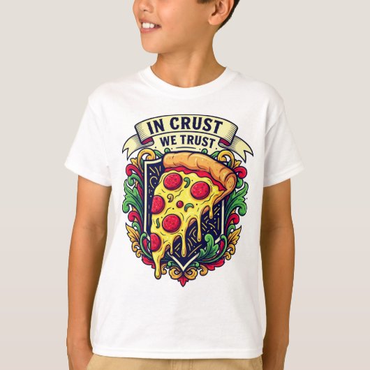 "In korst vertrouwen we" Grappige pizza T-shirt (Voorkant)