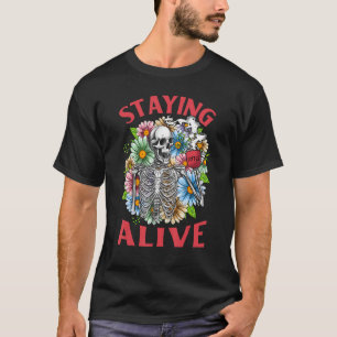 In leven blijven Skelet Koffie Bloemen Schedel Hal T-shirt