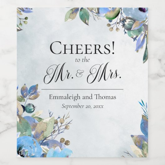 In Liefde Blauw Waterverf Bloemen Bruiloft Wijn Etiket (Enkel label)